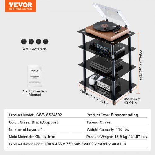 4Tier AV Media Stand AudioVideo Stand with Strengthened Tempered Glass