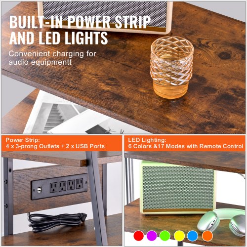 4Tier AV Media Stand with Power Strips Corner TV Stand with LED Lights
