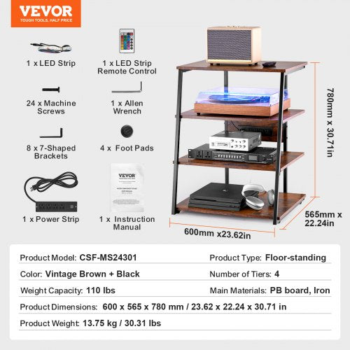 4Tier AV Media Stand with Power Strips Corner TV Stand with LED Lights