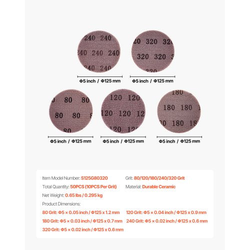 5inch Mesh Abrasive Sanding Discs 50PCS Grit 80120180240320 Assorted