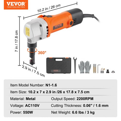 Sheet Metal Nibbler 550W Powerful 2200 RPM High Speed 360 Degree Rotation
