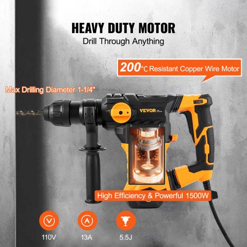 1-1/4 Inch SDSPlus Rotary Hammer Drill 13 Amp Corded Drills Heavy Duty