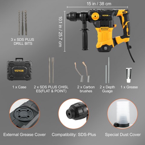 1-1/4 Inch SDSPlus Rotary Hammer Drill 13 Amp Corded Drills Heavy Duty