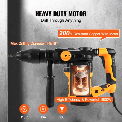 1916 Inch SDSMax Rotary Hammer Drill 13Amp Corded Drills Heavy Duty