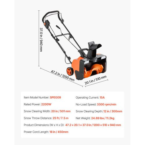 Electric Snow Blower 20 inch 15A Corded Snow Thrower with Dual LED