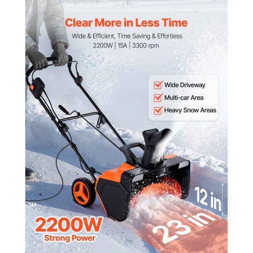 Electric Snow Blower 23 inch 15A Corded Snow Thrower with Dual LED