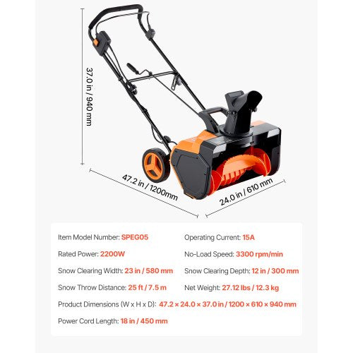 Electric Snow Blower 23 inch 15A Corded Snow Thrower with Dual LED