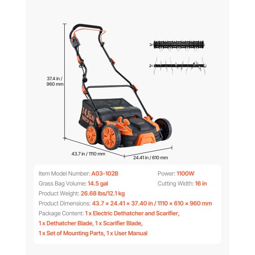 2in1 Electric Dethatcher and Scarifier 16Inch 15 Amp Corded Lawn