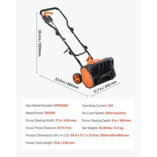 Electric Snow Shovel 12A 17 inch Corded Snow Shovel 60° Adjustable Chute