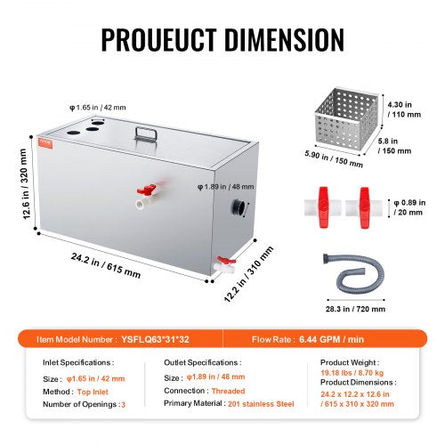 Commercial Grease Trap 25 LBS Grease Interceptor Top Inlet Interceptor
