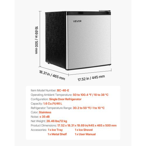 Mini Fridge 16 Cuft Single Door Compact Refrigerator Adjustable Temperature