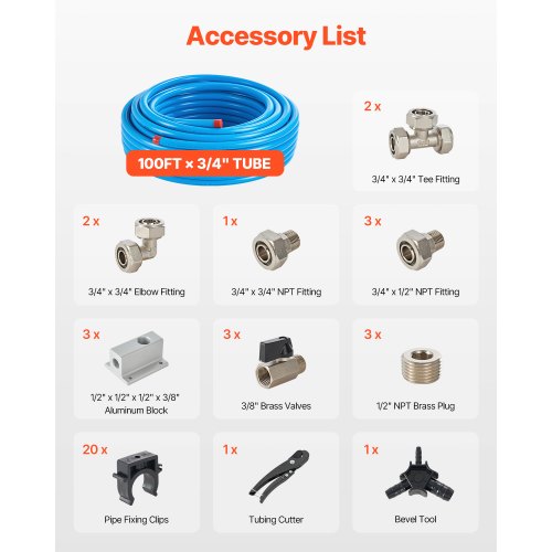 Air Compressor Line Kit 100FT x 34 HDPEAluminum Compressed Air Piping