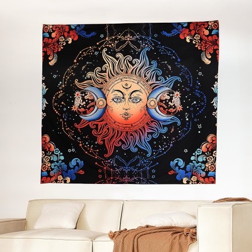 Sun and Moon Tapestry Psychedelic Mystic Floral Aesthetic Wall Tapestry