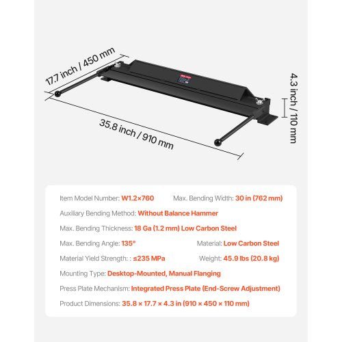 Box and Pan Brake 30 in Sheet Metal Bending Brake 18Gauge Capacity 0135