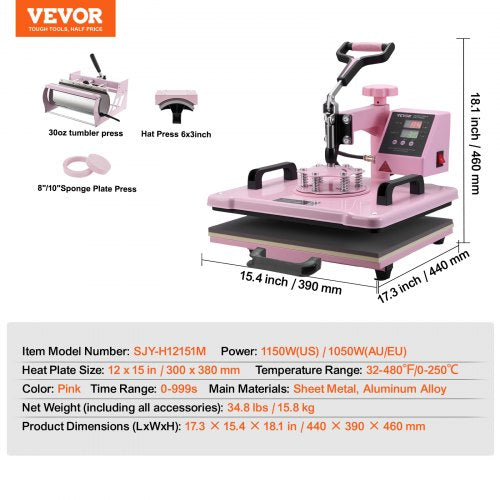 Heat Press Machine 12 x 15 inch 5 in 1 Heat Transfer Machine with 30 oz