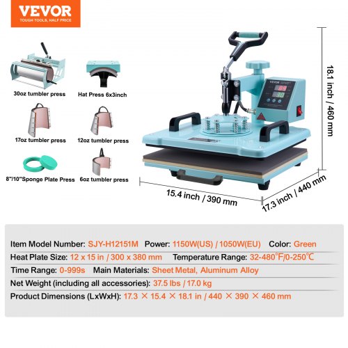 Heat Press Machine 12 x 15 inch 8 in 1 Heat Transfer Machine with 630 oz