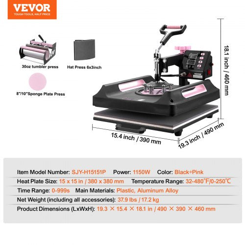 Heat Press Machine 15 x 15 inch 5 in 1 Heat Transfer Machine with 30 oz
