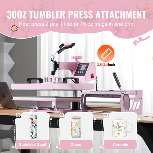 Heat Press Machine 15x15 in 5 in 1 with 30oz Tumbler Press TShirts Pink