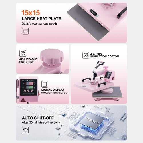 Heat Press Machine 15x15 in 5 in 1 with 30oz Tumbler Press TShirts Pink