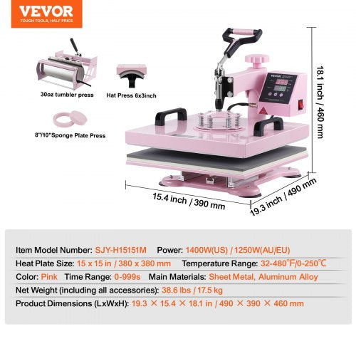Heat Press Machine 15x15 in 5 in 1 with 30oz Tumbler Press TShirts Pink