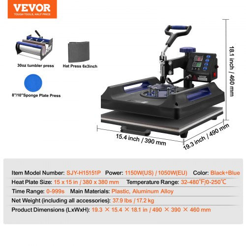 Heat Press Machine 15 x 15 inch 5 in 1 Heat Transfer Machine with 30 oz