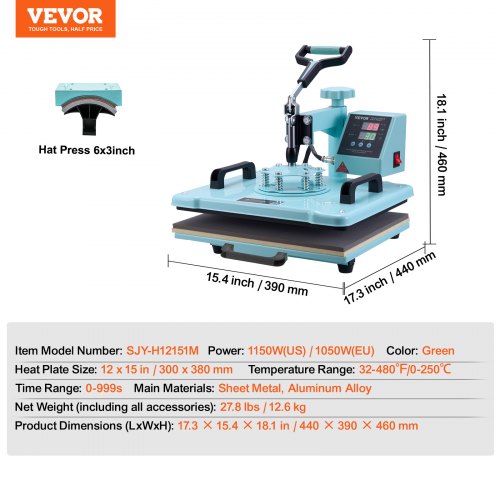 Heat Press Machine 12 x 15 inch 2 in 1 Heat Transfer Machine with Hat