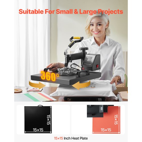 Heat Press Machine 15 x 15 inch 2 in 1 Heat Transfer Machine with Hat