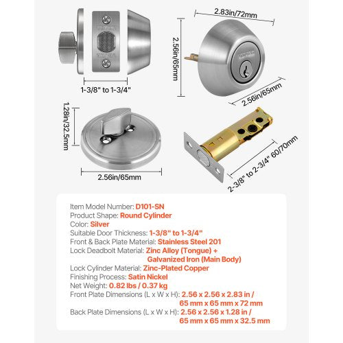 Deadbolt Lock Round Single Cylinder Dead Bolt Keyed 1 Side Fits Standard