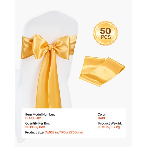 Satin Chair Sashes Bows 50PCS Chair Ribbon Ties Back Sash 7 x 108 inch