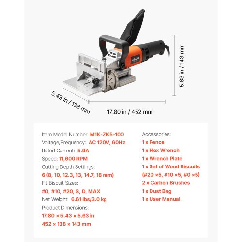 Biscuit Plate Joiner 59A Plate Joiner Tool Kit with 11600 RPM 760W