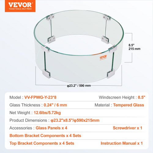 Fire Pit Wind Guard 23 x 23 x 8 Inch Glass Flame Guard Round Glass Shield