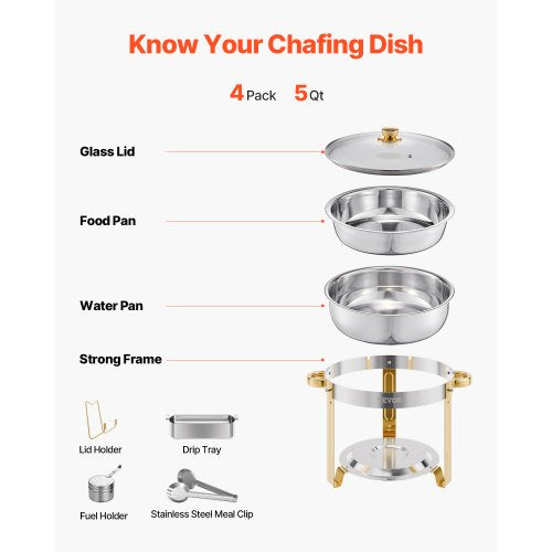 Chafing Dish Buffet Set 5 Qt 4 Pack Stainless Steel Chafer with 4 Full