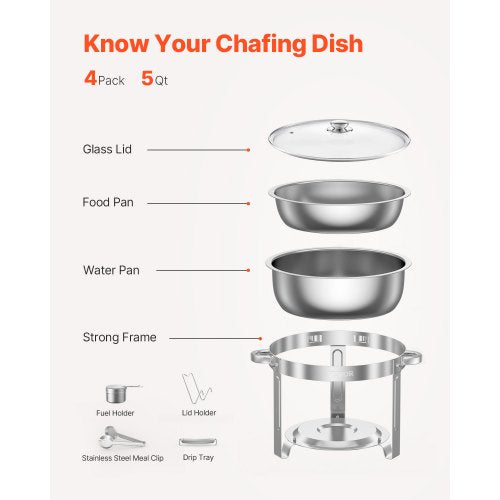 Chafing Dish Buffet Set 5 Qt 4 Pack Stainless Steel Chafer with 4 Full
