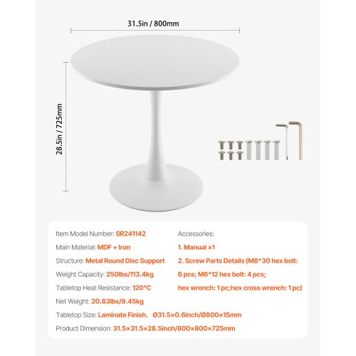 Round Dining Table 31.5 in Wood Table for 24 Person Modern Circle
