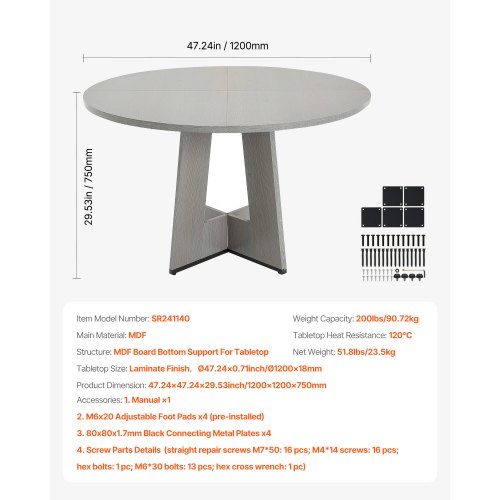 Round Dining Table 47 inch Wood Table for 46 Person Farmhouse Circle