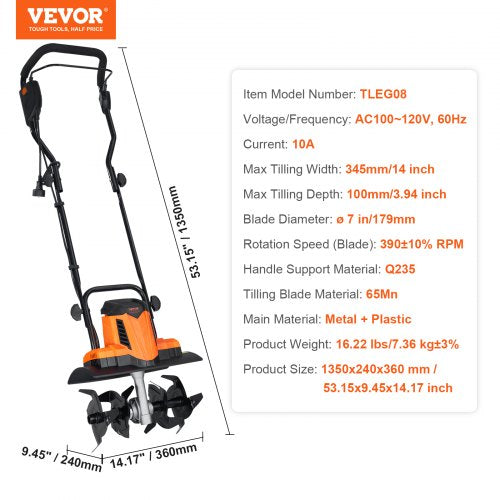 10 Amp Electric Tiller 14" Tilling Width 3.94" Depth Corded