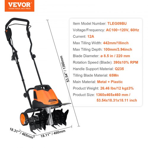 12 Amp Electric Tiller 18" Tilling Width 3.94" Tilling Depth Corded