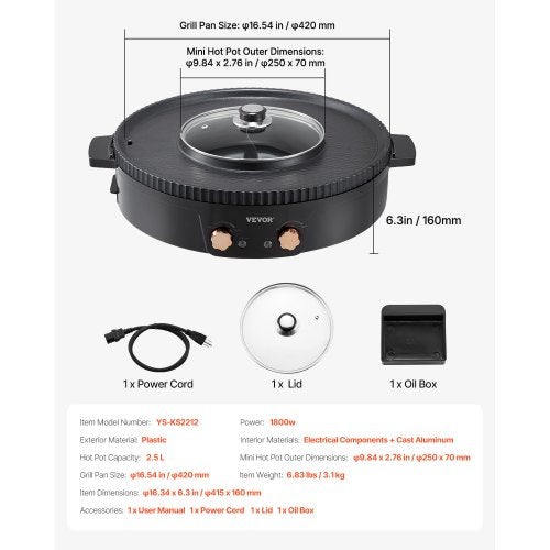 Hot Pot with Grill 1800W 2in1 Electric Smokeless Grill and Hot Pot