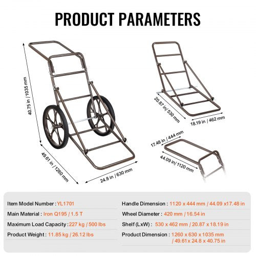 Deer Cart 500 LBS Capacity Folding Game Cart Deer Cart Game Hauler with 17