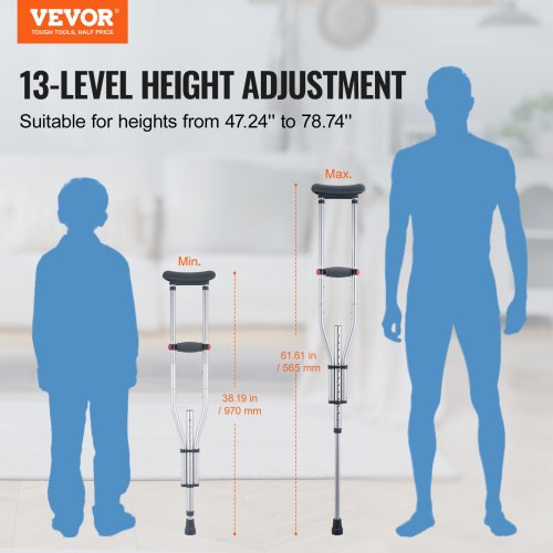 Underarm Crutches 13Level Height Adjustable Underarm Walking Crutches