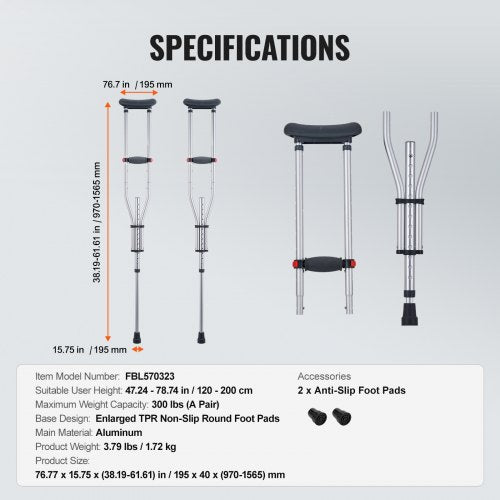 Underarm Crutches 13Level Height Adjustable Underarm Walking Crutches
