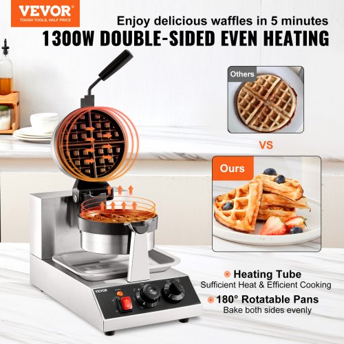 Commercial Waffle Maker 1 Piece per Batch 1300W Round Waffle Iron