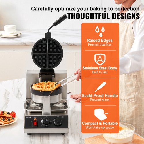 Commercial Waffle Maker 1 Piece per Batch 1300W Round Waffle Iron