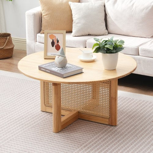 Rattan Coffee Table Round Rattan Woven Wood Coffee Table with Rubber Wood