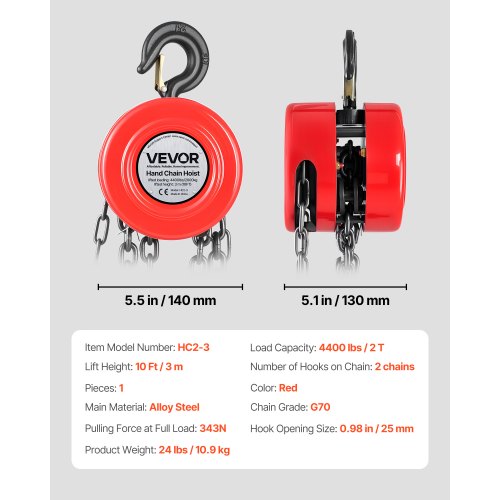 Hand Chain Hoist 2 Ton 4400 lbs Capacity Manual Chain Block with Upgrade