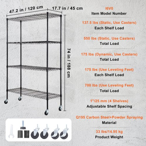 Storage Shelving Unit with Wheels 4Tier Adjustable 700 lbs Capacity