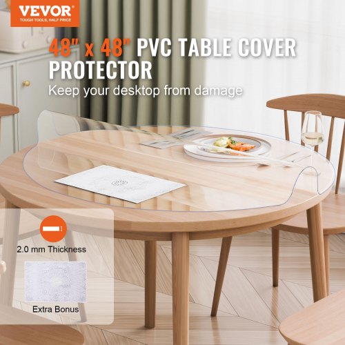 Plastic Table Cover 48 x 48 Inch 2.0 mm Thick Clear Table Protector Round