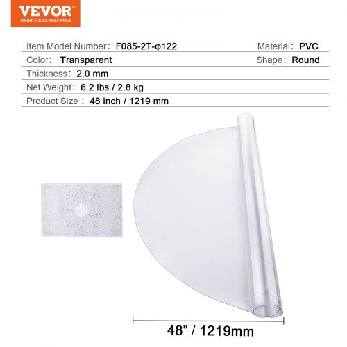 Plastic Table Cover 48 x 48 Inch 2.0 mm Thick Clear Table Protector Round