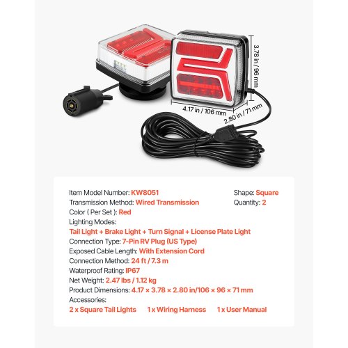 Trailer Lights 2PCS 12V Square Magnetic LED Trailer Tail Lights Kit with Stop