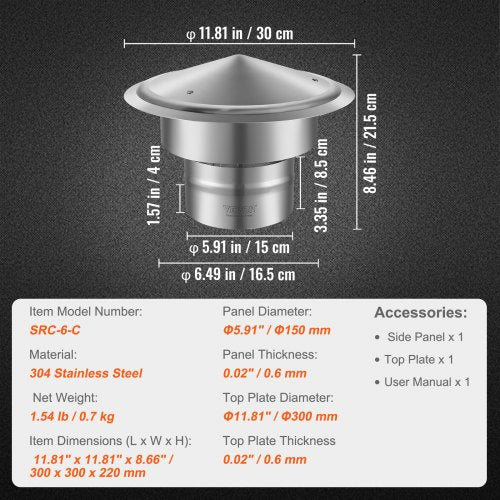 Chimney Cap 6 inch 304 Stainless Steel Round Roof Rain Cap 1181inch